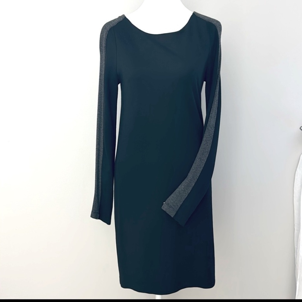 Bailey 44 Dress Sheath Black Grey Sleeve Colorblock Stretch Knit Long Sleeve LBD
